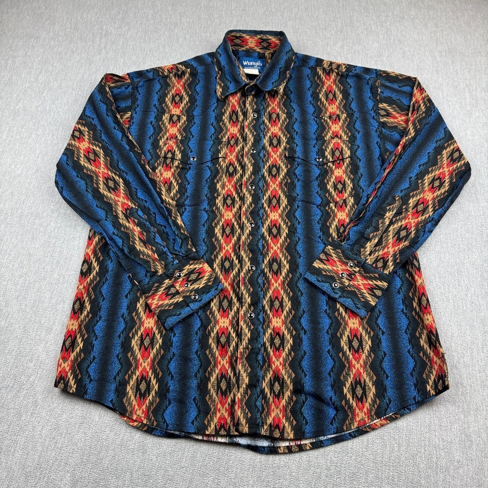 Vintage Wrangler Shirt Mens Large Blue Aztec Pearl Snap Western Rodeo Cowboy